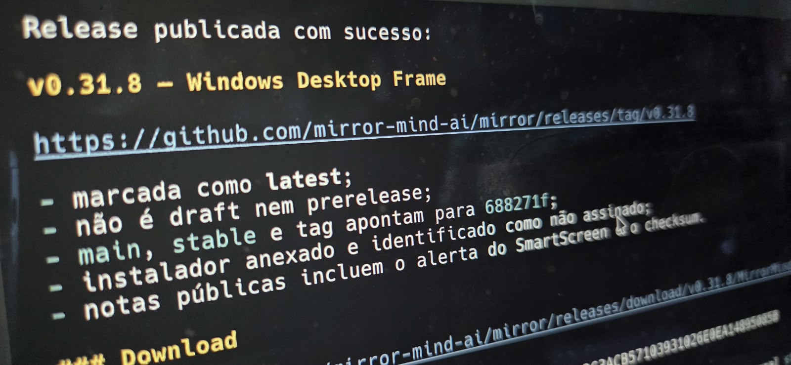 Captura relacionada à release v0.31.8 do Mirror Mind, destacando a integração do Windows Desktop Frame.