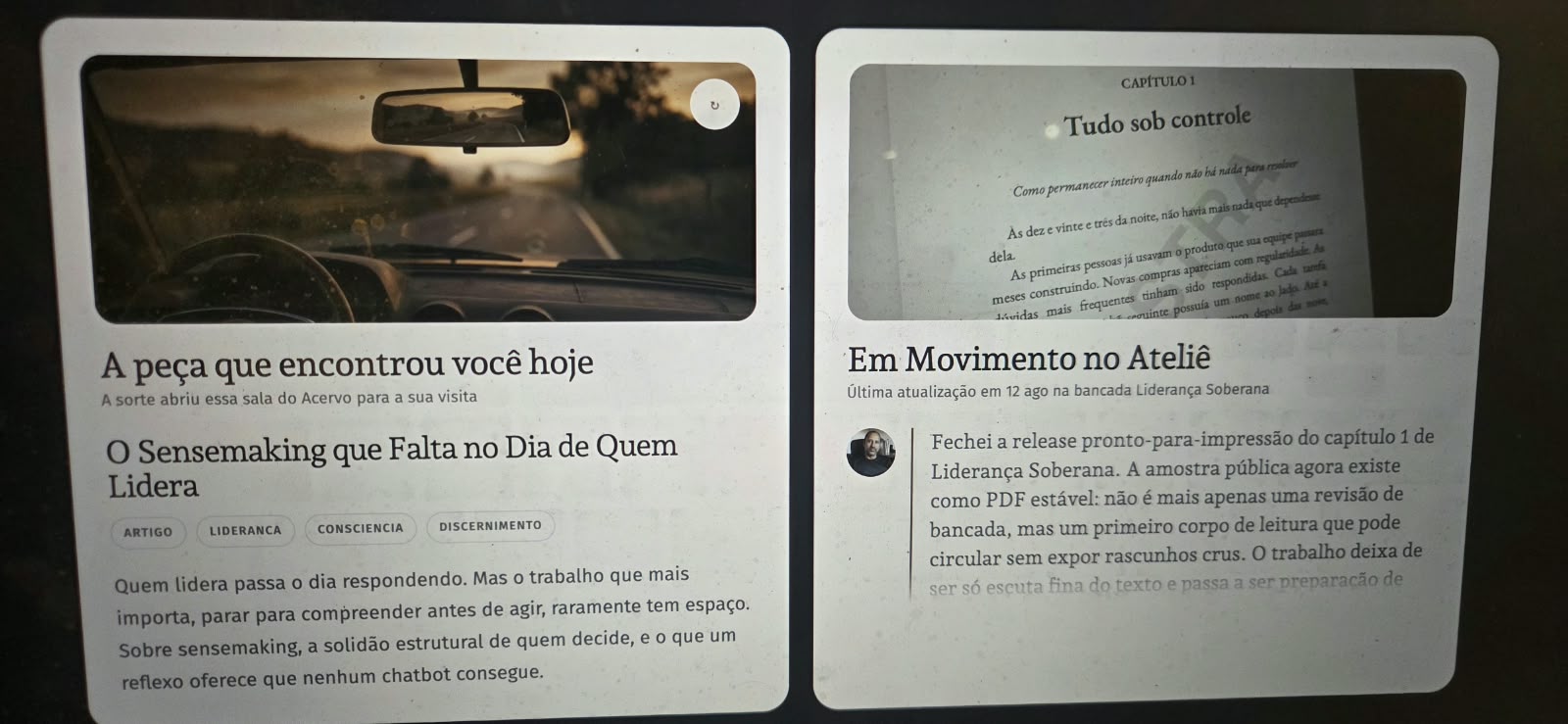Fotografia de uma tela mostrando a seção Agora no museu da home de alissonvale.com, com cards para a Peça que encontrou o visitante e para o movimento no Ateliê.