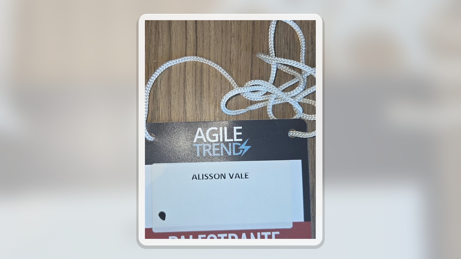 Composição horizontal com o badge físico de Alisson Vale em Agile Trends 2014.