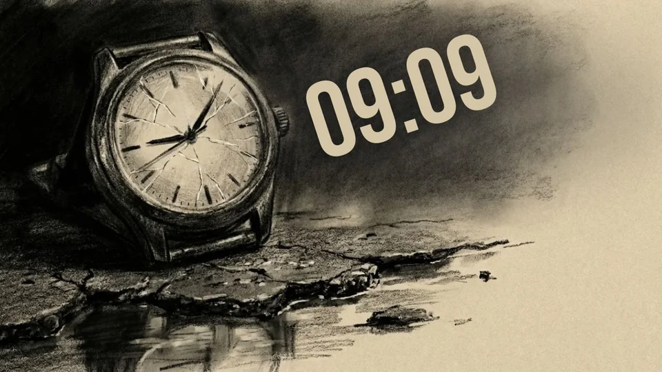 Relógio quebrado marcando 09:09, imagem do trailer de O Reflexo.